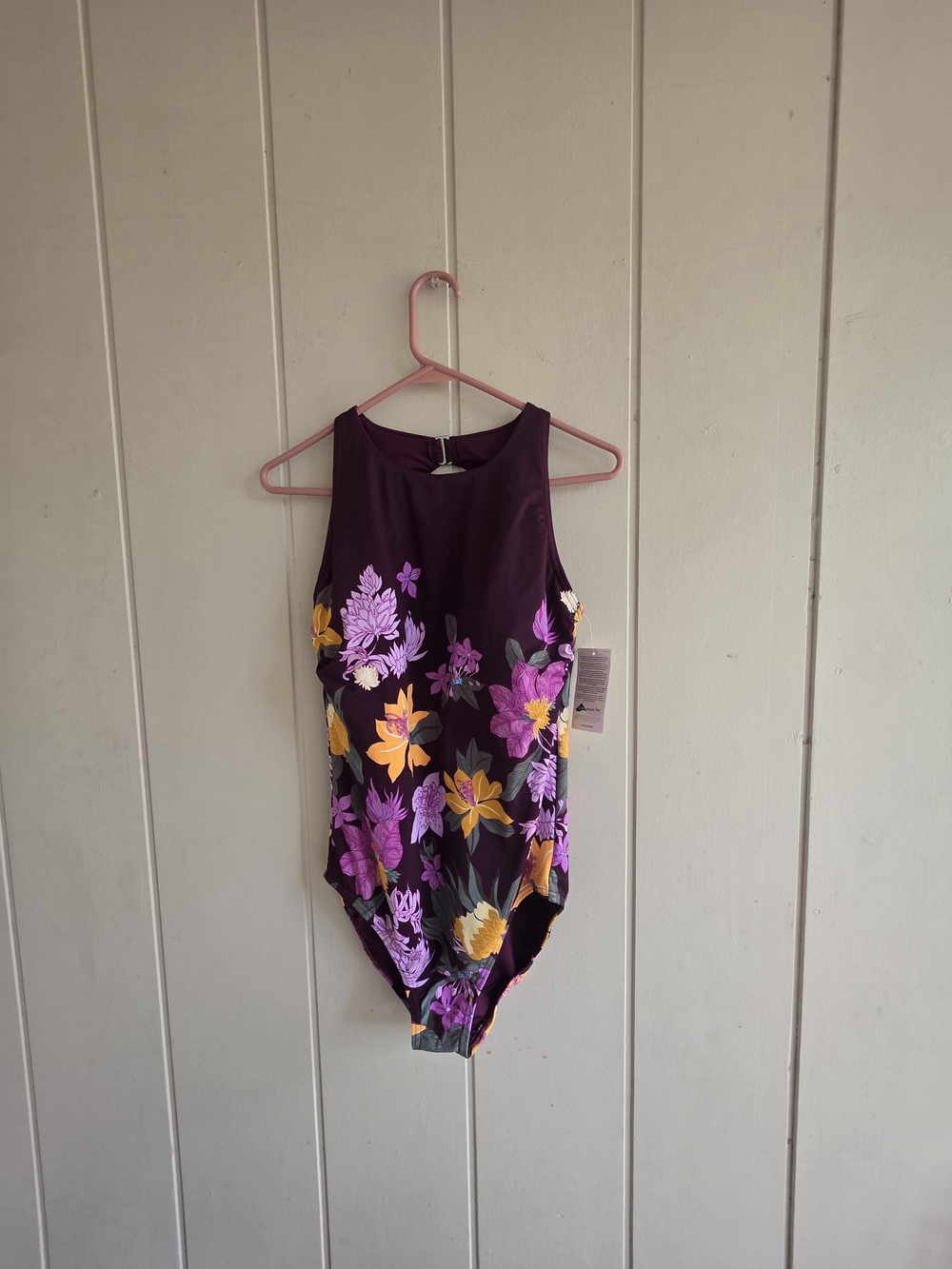 Lands End Highneck One Piece Swimsuit Floral Bloom Tugless Purple Sz 12